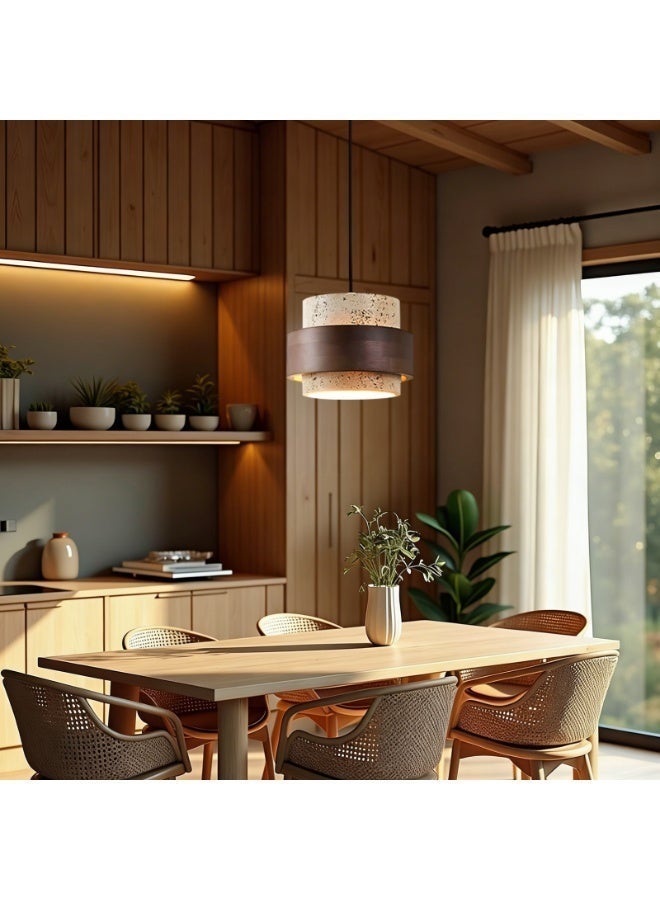 Modern Chandelier - a Luxurious Pendant Lamp with a geometric design in travertine stone and wood - an artistic wabi-sabi style decorative lamp for the living room, bedroom, and dining room, an elegant indoor lighting option for the home. - Image 5